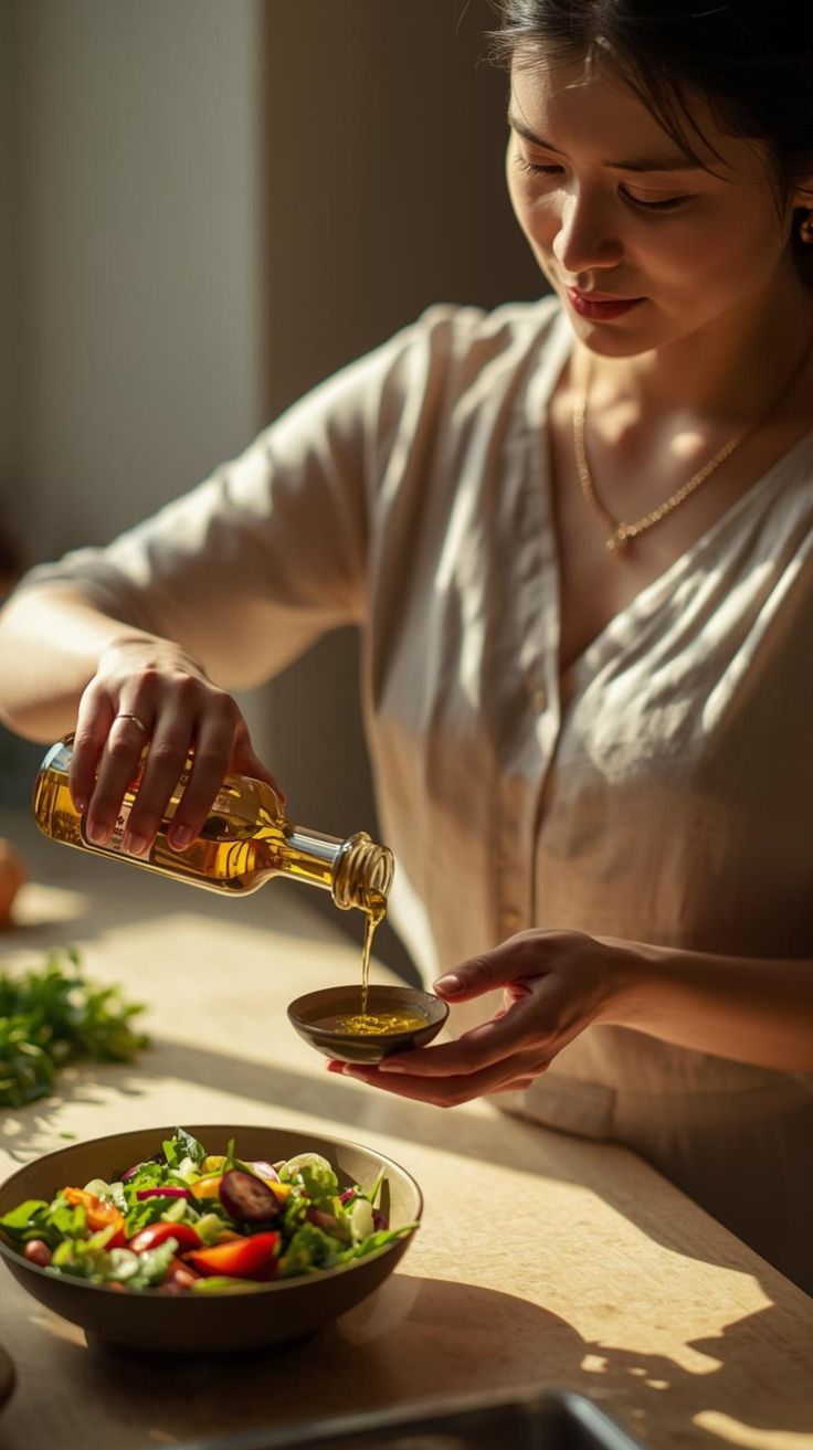 A woman preparing a fresh salad in a sunlit kitchen